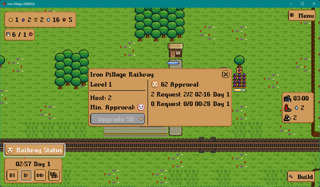 The Railway Status window, which contains information about the current progression level, approval rating, and cost to upgrade.