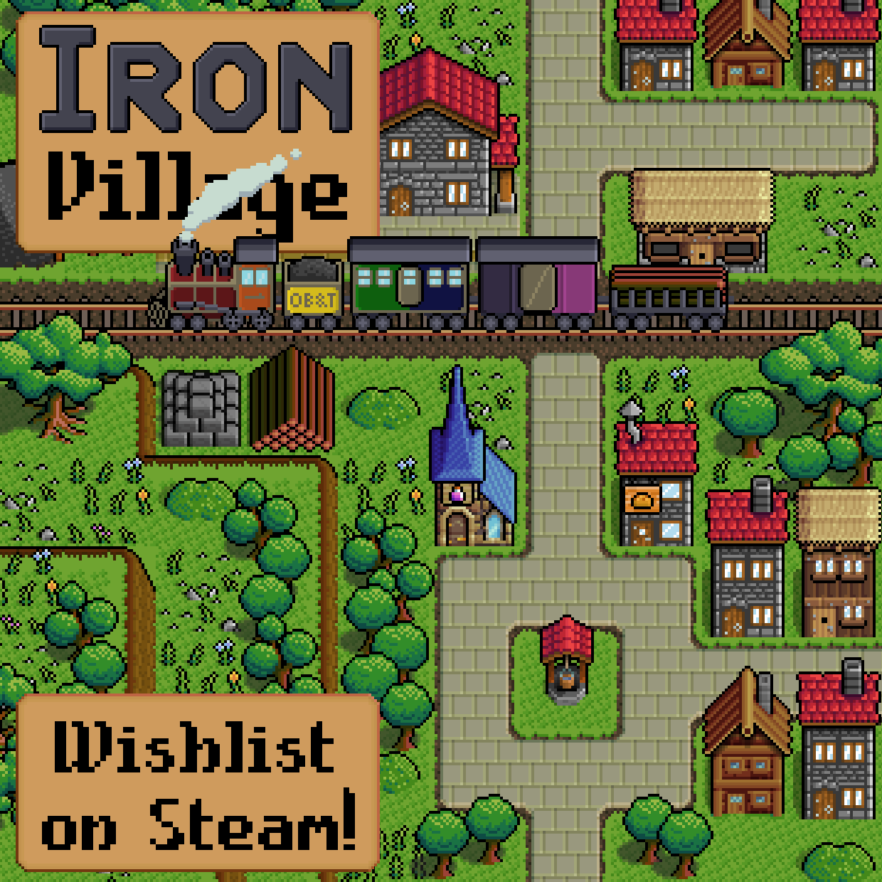 Artwork based on buildings and other sprites Iron Village, with the current logo in the top left partially covered by smoke coming from the steam locomotive driving through town. In the bottom left is a text box that reads, Wishlist on Steam!